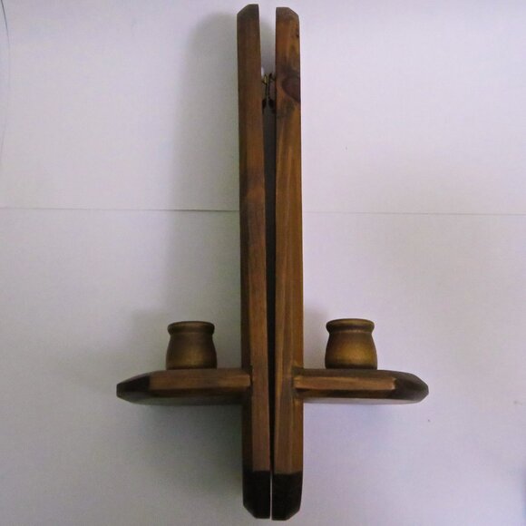 Vintage Pair Hand Crafted 3/4" Wood Hanging Wall Decor 16" Tall Candle Holders - Picture 6 of 7